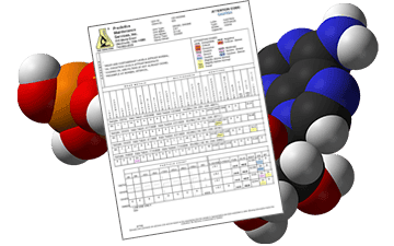 Graphic of a molecule with and oil analyses spreadsheet