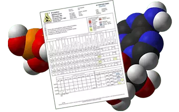 Graphic of a molecule with and oil analyses spreadsheet