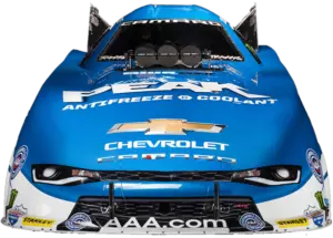 Blue Chevrolet racecar sponsored by Peak